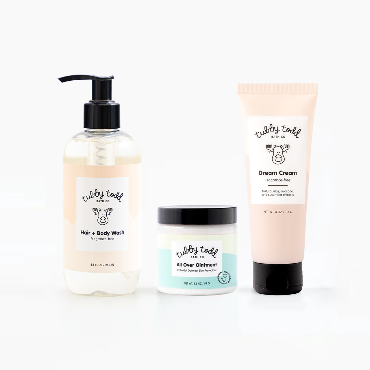 Fragrance-free 8.5oz Hair + Body Wash, 3.5oz AOO in jar, and 4 oz Dream Cream